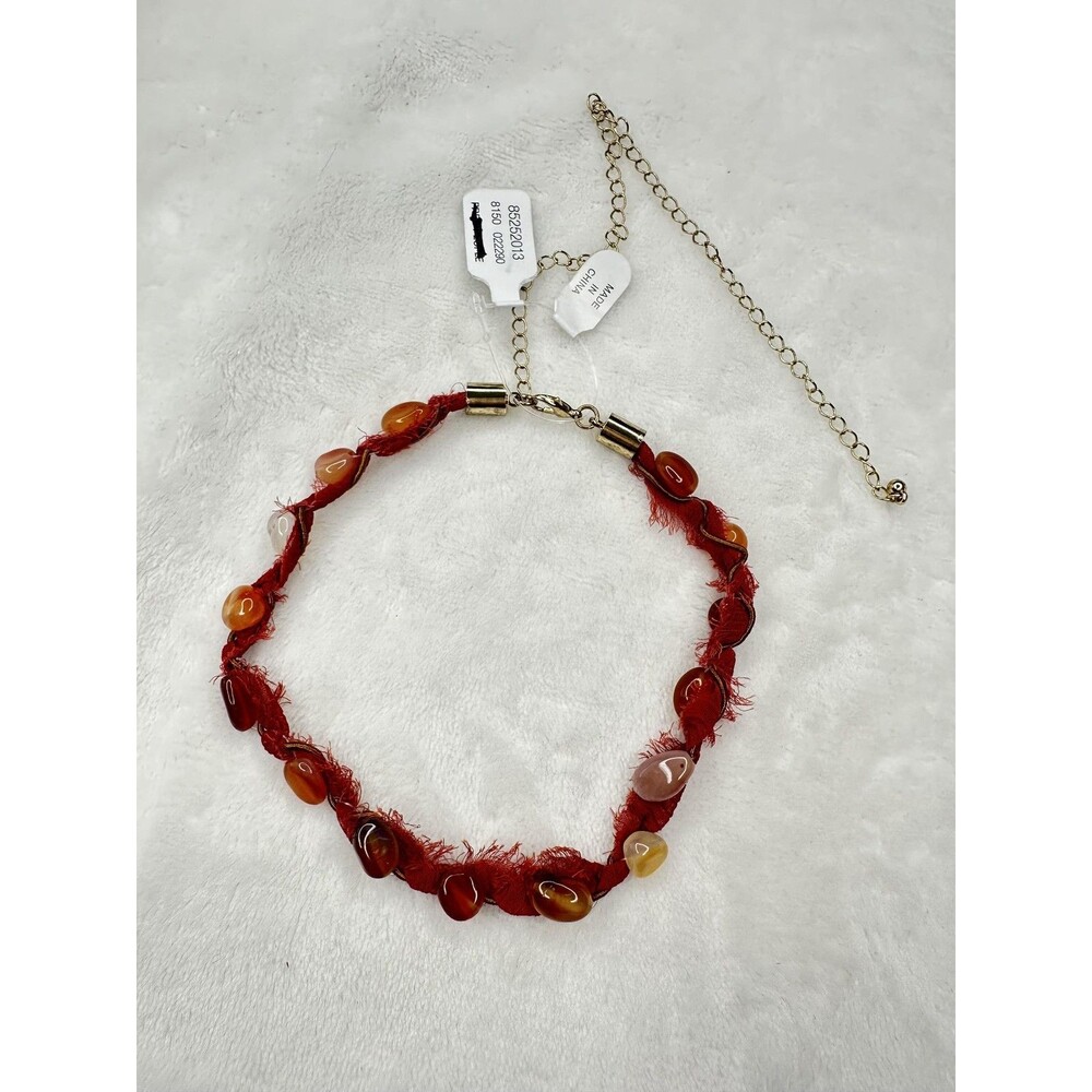 NEW Free People Bohemian Choker Beaded Necklace Red Braided Gemstones Gold Tone